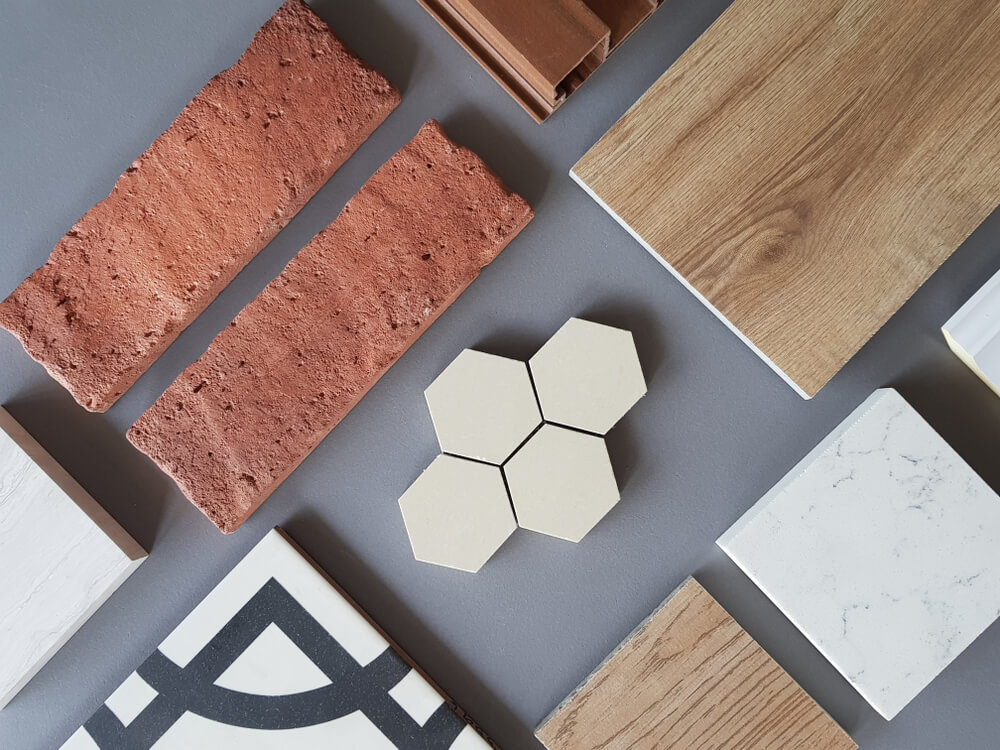 Samples of Material, Wood, on Concrete Table. Interior Design Select Material for Idea