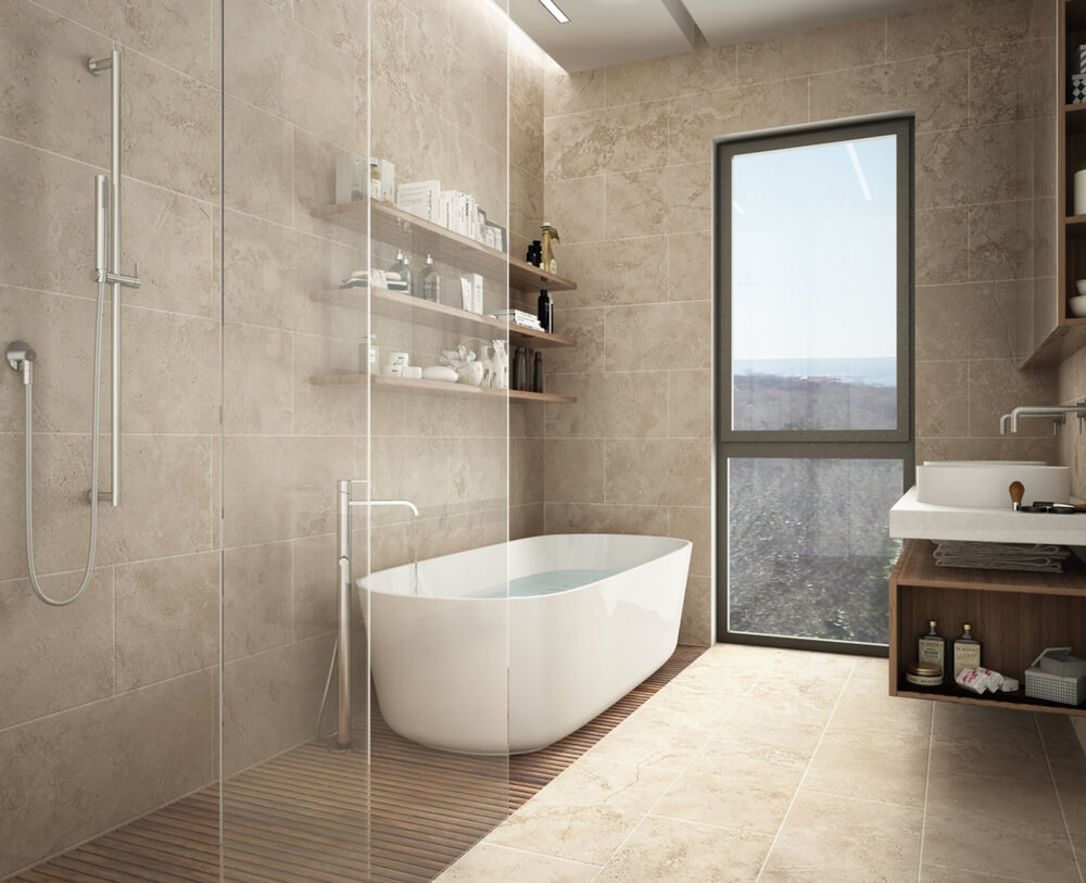Modern Limestone Bathroom, Bathtub and Shower, Shelves With Bottles, Big Panoramic Window
